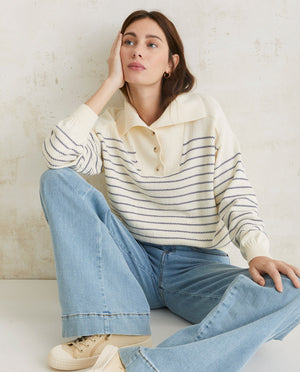 Striped Ecru-Navy Cotton Sweater